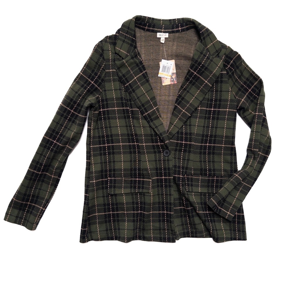 Plaid Single-Button Blazer in Olive Green NWT